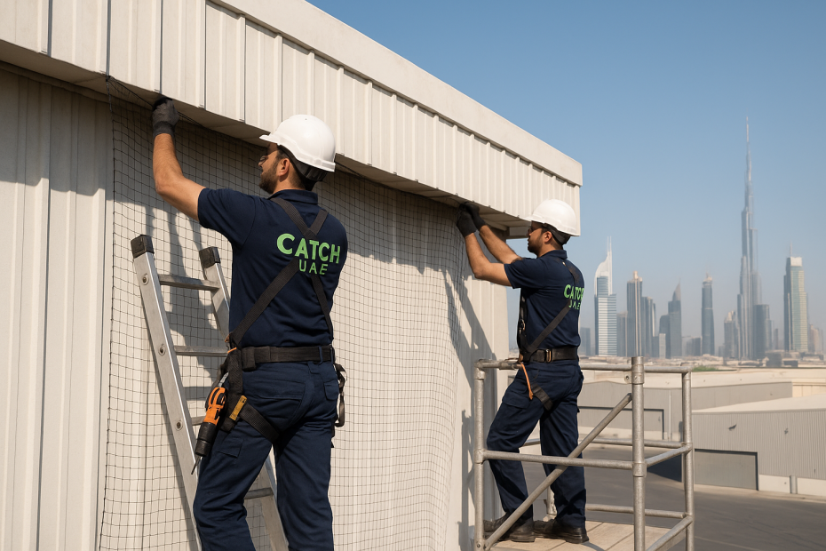 Technician installing bird spikes on Dubai villa rooftop